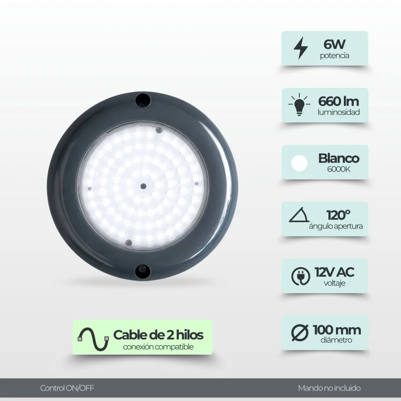 Foco LED Piscina Superficie 6W 12V AC Blanco Frío Ø105 mm