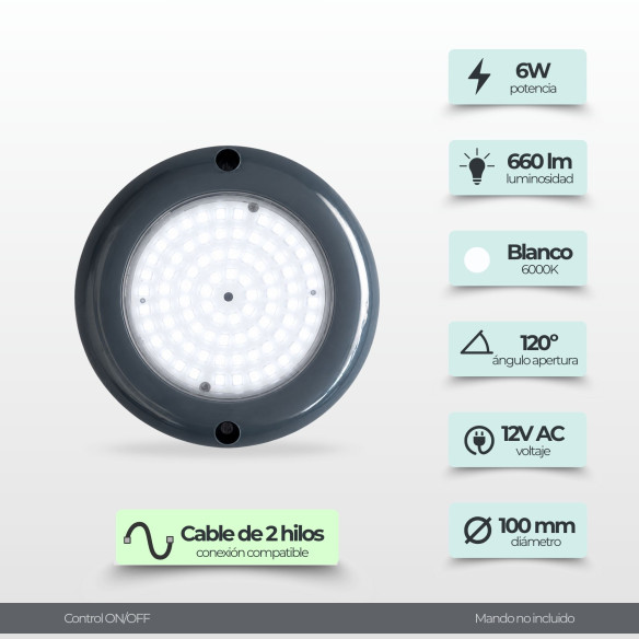 Foco LED Piscina Superficie 6W 12V AC Blanco Frío Ø105 mm