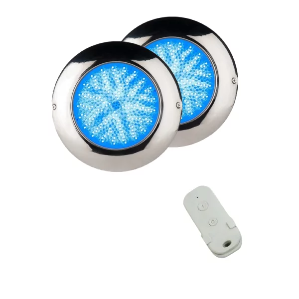 Pack 2 LED RGB ON/OFF 24W 12V AC en Airless et acier inoxydable pour piscine avec télécommande
