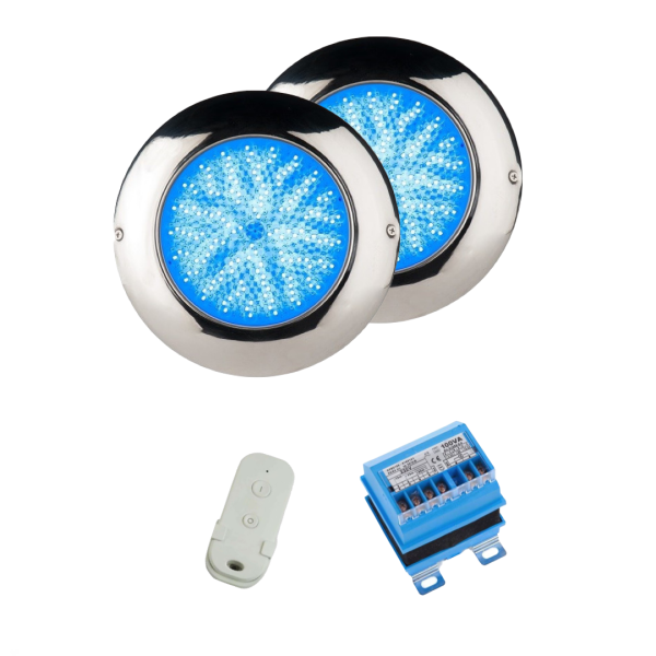 Pack 2 LED RGB ON/OFF 24W 12V AC en Airless et inox pour piscine avec transformateur et télécommande