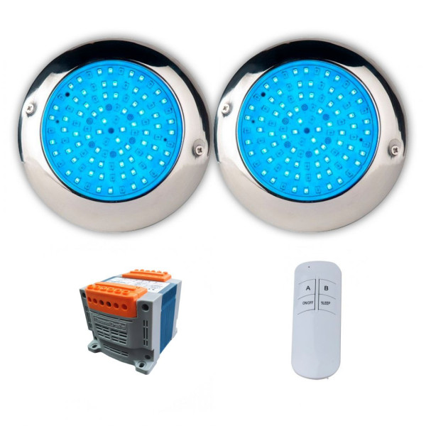 Pack 2 projecteurs LED RGB pour piscine Ø15 15W en acier inoxydable, télécommande et transformateur