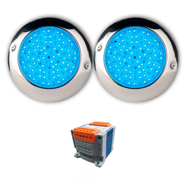 Pack 2 LED RGB projecteurs de surface pour piscine Ø15 15W acier marin et transformateur