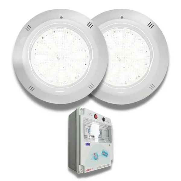 Pacote 2 projectores LED brancos 35W 12V AC/DC montados à superfície Gama Basic para piscina com Painel Eléctrico - 1