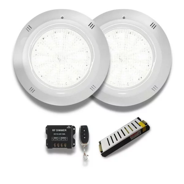 Lot de 2 projecteurs LED blanc chaud 35W 12V AC/DC pour piscine avec alimentation et télécommande