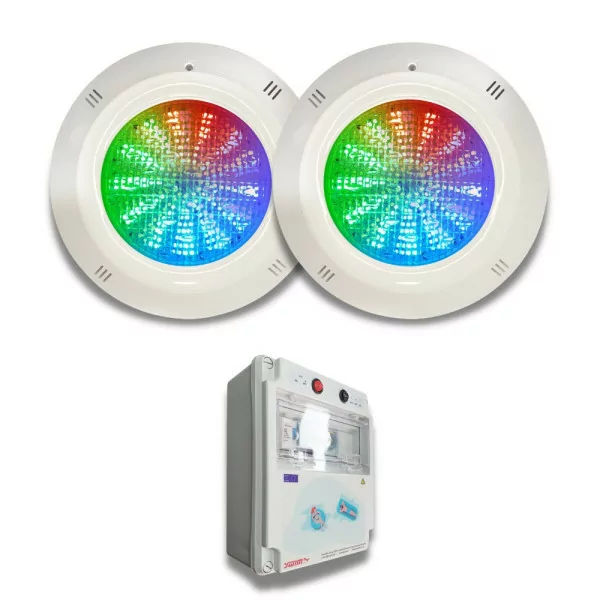 Pack 2 LED RGB ON/OFF Spotlights 35W 12V AC Basic Range for swimming pool surface with Electrical Panel