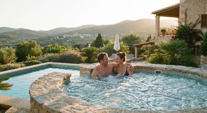 Pareja disfrutando jacuzzi silencioso con muchas burbujas